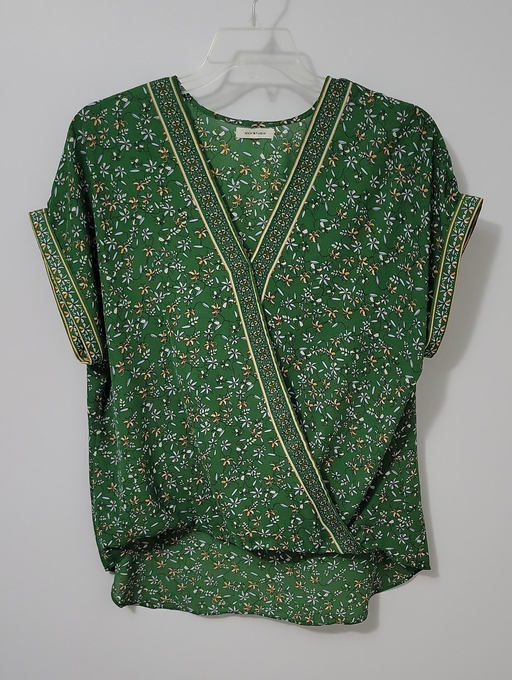 Max Studio Green Floral Faux Wrap Blouse, Size X-Large